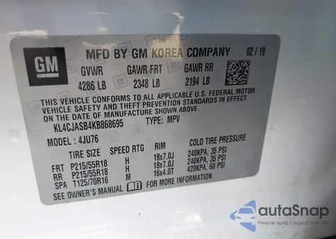 2019 Buick Encore Fwd Preferred z USA, uszkodzony, nr VIN KL4CJASB4KB868695